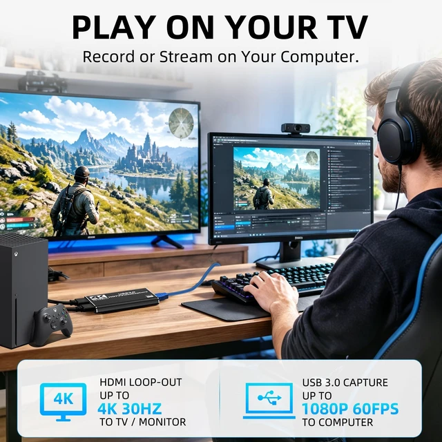 Alt view image 2 of 7 - Capture Card for Nintendo Switch with 4K30 Pass-Through & Streaming 1080P60 HDMI to USB 3.0 Switch Capture Card for Streaming Video Game Recording on PC OBS,Works with PS4/PS5/Camera/Xbox, Driver-Free