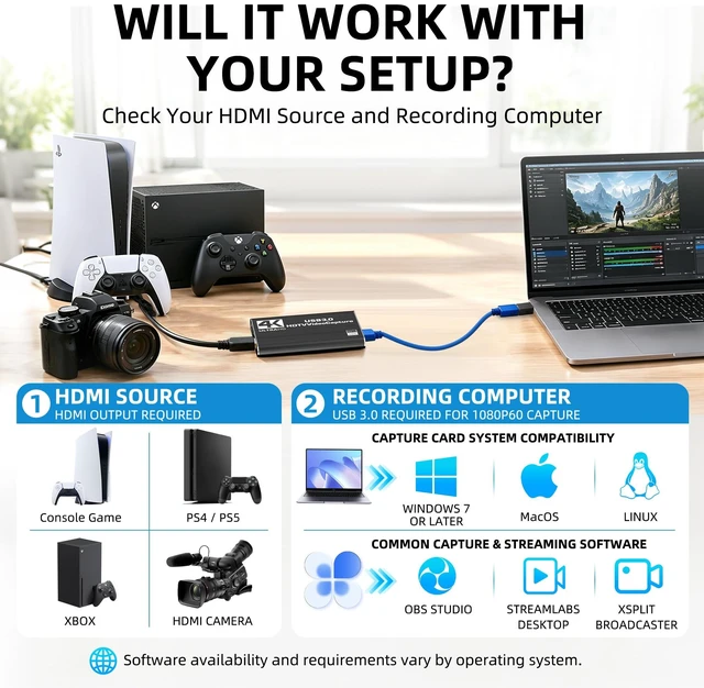 Alt view image 4 of 7 - Capture Card for Nintendo Switch with 4K30 Pass-Through & Streaming 1080P60 HDMI to USB 3.0 Switch Capture Card for Streaming Video Game Recording on PC OBS,Works with PS4/PS5/Camera/Xbox, Driver-Free