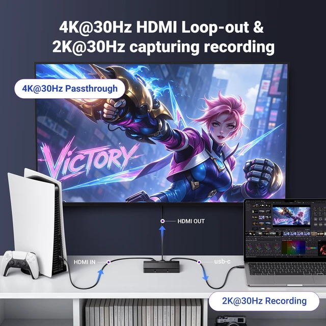 Alt view image 2 of 7 - Full HD 2K 30Hz 1080P 60FPS Video Capture Card USB C 3.0 | Headphone Mic Port, 4K@30Hz Loop Out, Low Latency for Streaming Gaming Meeting Recording Compatible with Switch2 PS4/5 PC Mac