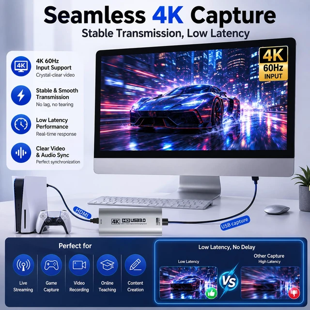 Alt view image 7 of 7 - 4K USB 3.0 Video Capture Card for Streaming with PD 100W, 4K@60FPS | 2K120 FPS HDMI to USBC/A Capture Card for Streaming, Works with Pad, Tablet, MacOS, Switch2/1, Laptop, PC, Camera, VR, Silver