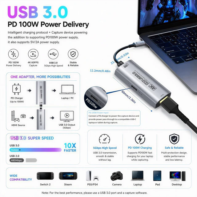 Alt view image 5 of 7 - 4K USB 3.0 Video Capture Card for Streaming with PD 100W, 4K@60FPS | 2K120 FPS HDMI to USBC/A Capture Card for Streaming, Works with Pad, Tablet, MacOS, Switch2/1, Laptop, PC, Camera, VR, Silver