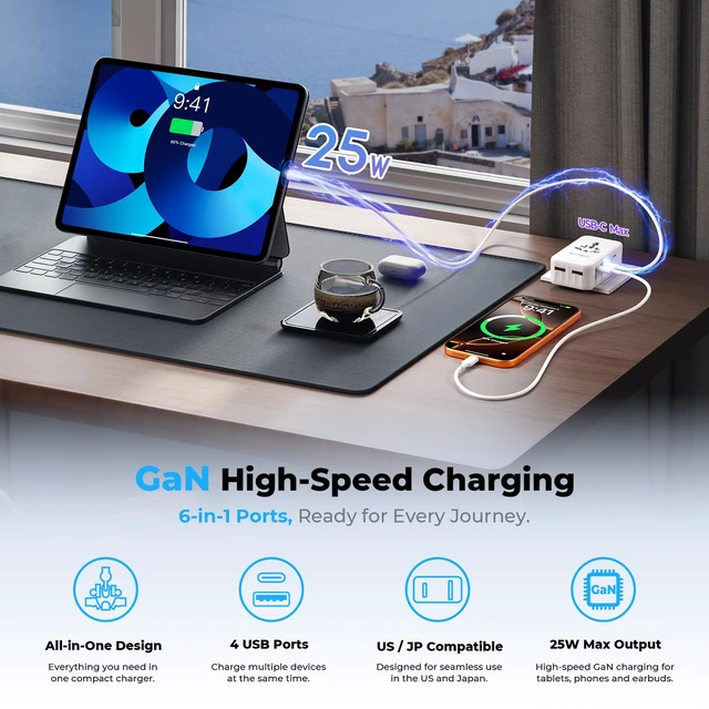 Alt view image 5 of 7 - Aura Ultra-Thin International Travel Adapter 25W GaN, 200+ Countries | Aura 36mm Slim 6-Port Charger with Smart Temperature Control, Universal Power Plug for Home & Trip (Arctic White)