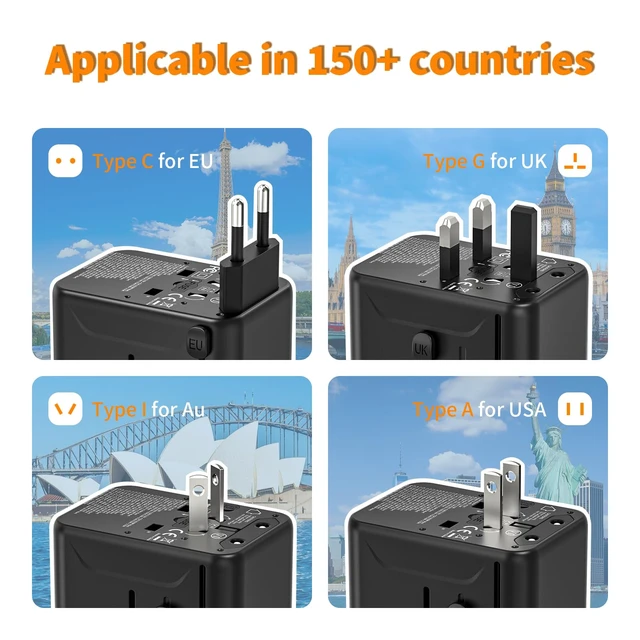 Alt view image 2 of 7 - Universal Travel Adapter with 3 USB-C 2 USB-A Ports 35W Black | European Travel Plug Adapter with 3 USB-C 2 USB-A Ports(Not a Voltage Converter) for USA, UK, EU, AU 224+ Countrie