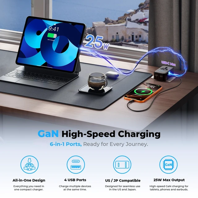 Alt view image 5 of 7 - Aura 25W GaN Ultra-Thin Universal Travel Adapter (Midnight Black) | Aura 36mm Slim 6-Port Charger with Smart Temperature Control, International Power Plug for Home & Trip, 200+ Countries