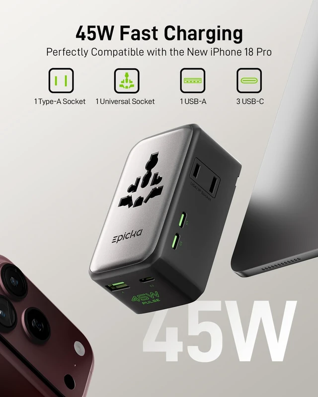 Alt view image 2 of 7 - Pulse Air 45W Universal Travel Adapter PD with 2AC/3USB-C/1USB-A | Slim & Compact Size Plug Adapter For US EU UK AU, Supports Fast Charging for Multi-Device, Not A Voltage Converter, Black