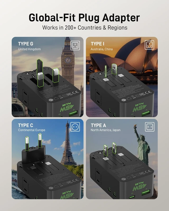 Alt view image 5 of 7 - Pulse Air 45W Universal Travel Adapter PD with 2AC/3USB-C/1USB-A | Slim & Compact Size Plug Adapter For US EU UK AU, Supports Fast Charging for Multi-Device, Not A Voltage Converter, Black