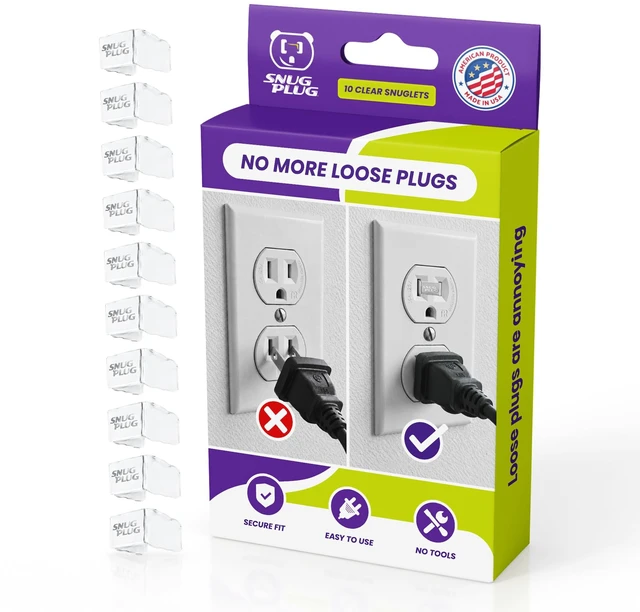Main image of Loose Outlet Plug Fix | Snug Plug Outlet Tightener| Clear | 10 Pack | Loose plug outlet insert gives power cords a snug, secure fit to help keep plugs in place without slipping or falling out