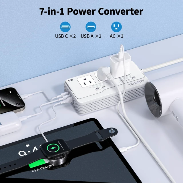 Alt view image 2 of 7 - 7-in-1 220V to 110V Voltage Converter for European Travel, 2000W US to Europe Converter for Hair Dryers, Power Converter Adapter Combo Featuring 3 AC, 2 USBA & 2 USBC Ports, Type G/C/I/L Plugs