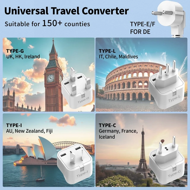 Alt view image 4 of 7 - 7-in-1 220V to 110V Voltage Converter for European Travel, 2000W US to Europe Converter for Hair Dryers, Power Converter Adapter Combo Featuring 3 AC, 2 USBA & 2 USBC Ports, Type G/C/I/L Plugs