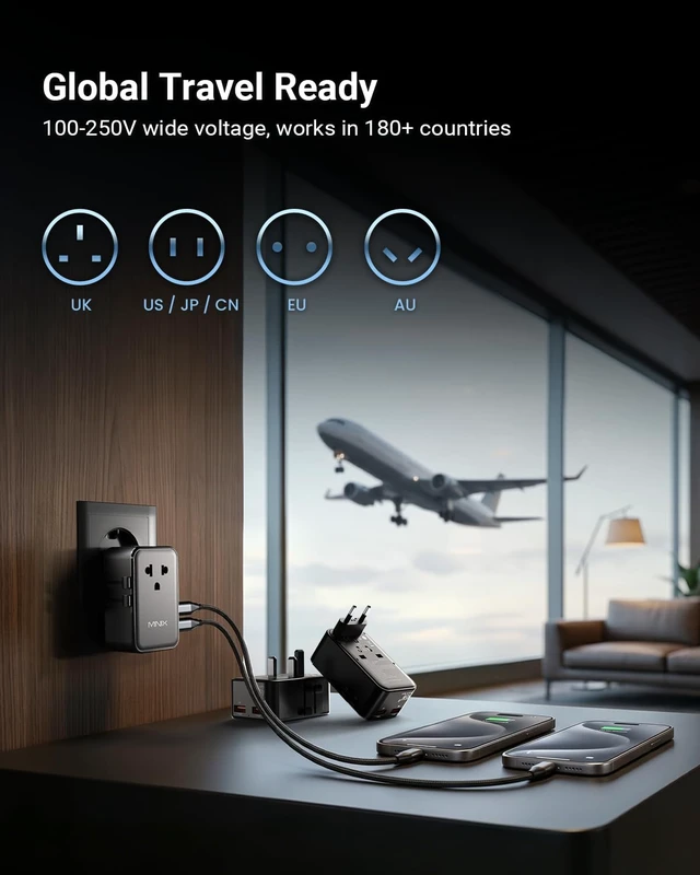 Alt view image 2 of 7 - 45W Universal Travel Adapter, 5-Port Charger for Europe, US, UK & AU | GaN III International Power Adapter Slim PD Fast Charger (1AC, 2 USB-C, 2 USB-A) for Business Travel, Not a Voltage Converter