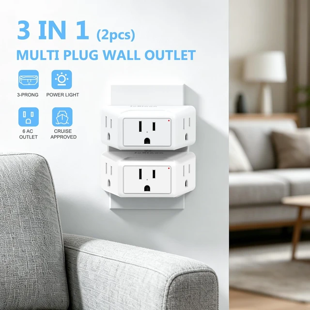 Alt view image 2 of 7 - 2 Pack Outlet Extender, Small Outlet Splitter with 3 AC, Multiple Outlet Wall Plug, 3 Way Angled Design No Blocking, for Cruise Essentials, Office, Kitchen, Bathroom, Travel