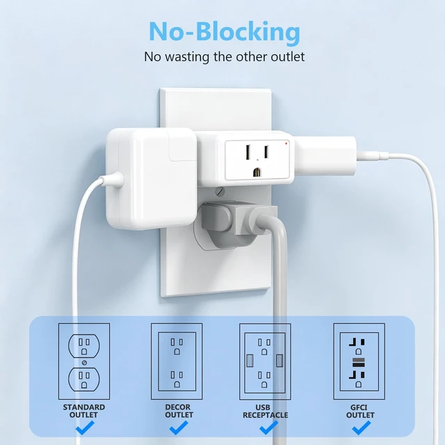 Alt view image 7 of 7 - 2 Pack Outlet Extender, Small Outlet Splitter with 3 AC, Multiple Outlet Wall Plug, 3 Way Angled Design No Blocking, for Cruise Essentials, Office, Kitchen, Bathroom, Travel