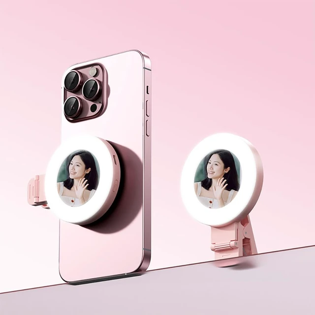 Alt view image 6 of 7 - Phone Light, Clip-On Selfie Light with Mirror, Adjusted 3 Lighting Modes, Portable Ring Light for Makeup, Selfie, Video Conference, TikTok, Vlog (Pink)