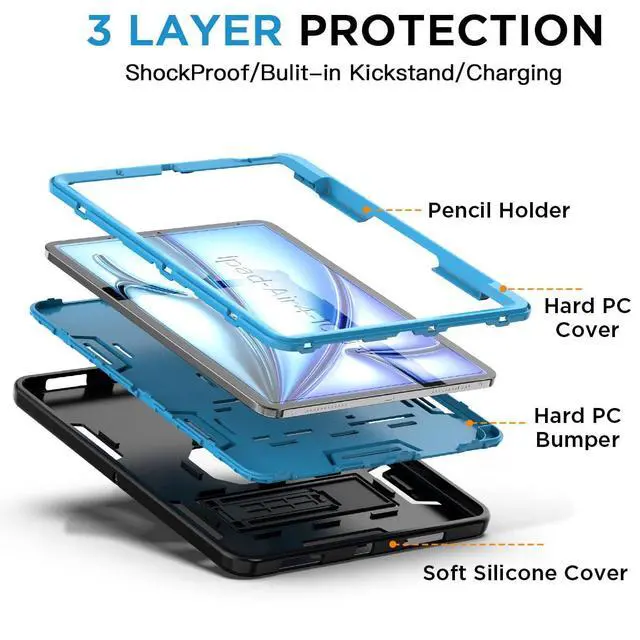 Alt view image 3 of 6 - For Apple iPad Air 11" 2024 Shockproof Military Heavy Duty Kickstand Case ,3-Layer Protective Cover, Anti-Drop,