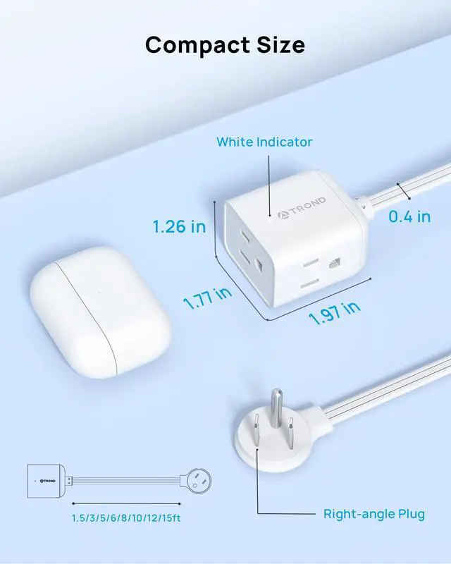 Alt view image 7 of 7 - Flat Extension Cord 6 Feet - Right Angled Flat Plug Power Strip, ETL Listed, 3 Plug Extension Outlets, Three Prong, SPT 16/3 Gauge, 13A, Small for Indoor Home Office Cruise Ship Travel, White