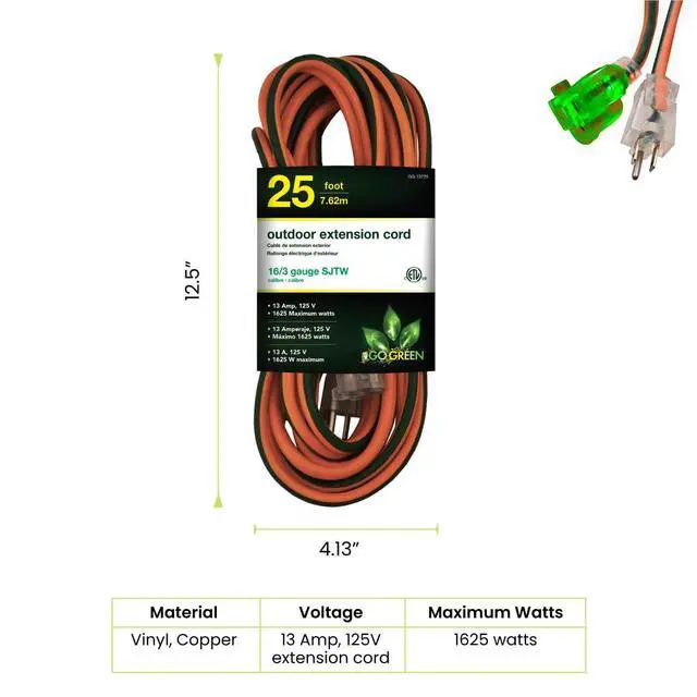 Alt view image 2 of 7 - Go Green Power Inc. 16/3 25ft Outdoor Extension Cord with Lighted End - Contractor Grade, Durable, and Moisture Resistant - Ideal for Heavy Duty Tools - GG-13725