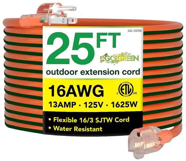 Main image of Go Green Power Inc. 16/3 25ft Outdoor Extension Cord with Lighted End - Contractor Grade, Durable, and Moisture Resistant - Ideal for Heavy Duty Tools - GG-13725