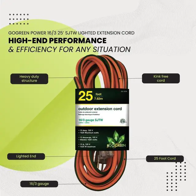 Alt view image 5 of 7 - Go Green Power Inc. 16/3 25ft Outdoor Extension Cord with Lighted End - Contractor Grade, Durable, and Moisture Resistant - Ideal for Heavy Duty Tools - GG-13725