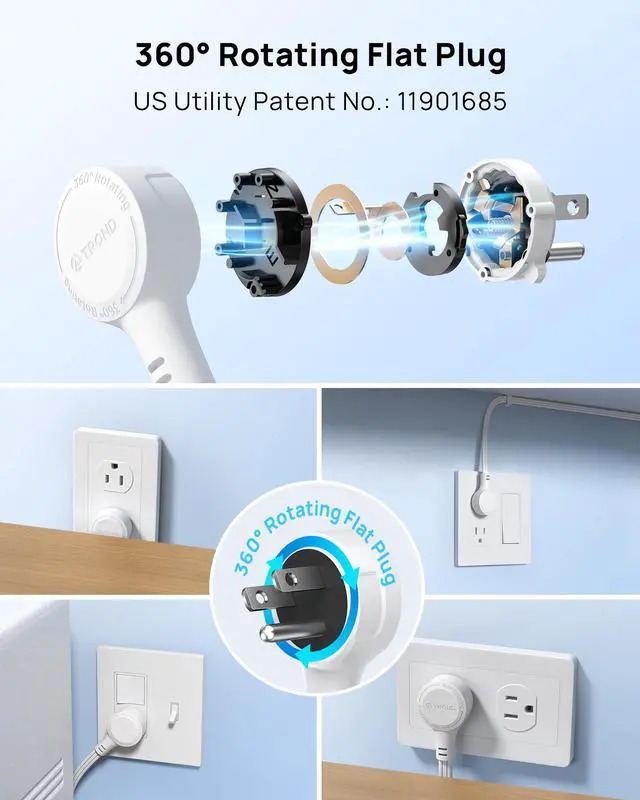 Alt view image 2 of 7 - Flat Extension Cord 6ft with 360° Rotating Plug, ETL Listed 3 Prong Power Strip, Low Profile Three Outlets, 13A, SPT 16/3 Gauge, Small for Tight Spaces Indoor Home Office Cruise Travel, White