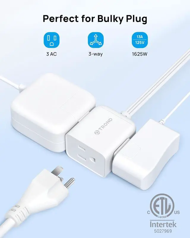 Alt view image 3 of 7 - Flat Extension Cord 6ft with 360° Rotating Plug, ETL Listed 3 Prong Power Strip, Low Profile Three Outlets, 13A, SPT 16/3 Gauge, Small for Tight Spaces Indoor Home Office Cruise Travel, White