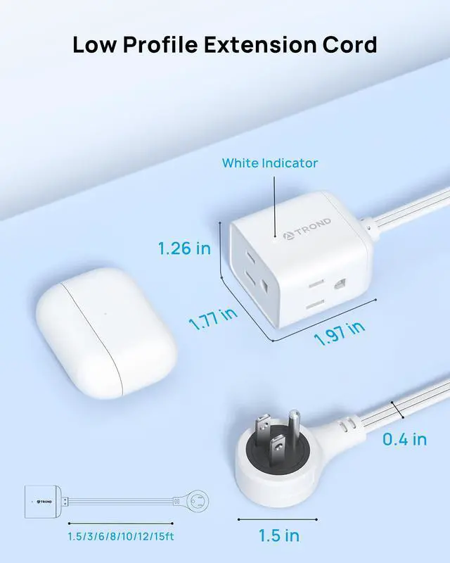 Alt view image 7 of 7 - Flat Extension Cord 6ft with 360° Rotating Plug, ETL Listed 3 Prong Power Strip, Low Profile Three Outlets, 13A, SPT 16/3 Gauge, Small for Tight Spaces Indoor Home Office Cruise Travel, White