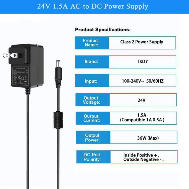 Alt view image 2 of 7 - 24V 1.5A Power Supply, DC 24V Power Cord, fit for DC24V LED Light Strip, 24 Volt Diffuser, 100-240V 50/60hz 24Volt 1.5A 1.2A 1A 0.5A 36W 24W Adapter with 5 Tips, (Not Battery Charger).