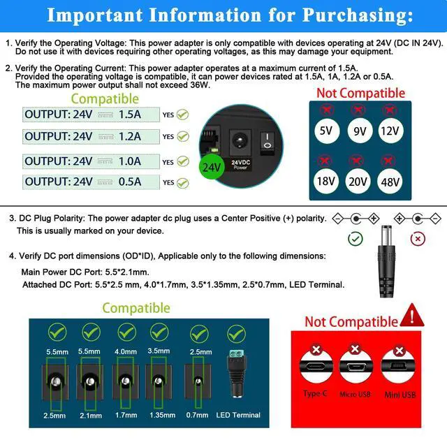 Alt view image 4 of 7 - 24V 1.5A Power Supply, DC 24V Power Cord, fit for DC24V LED Light Strip, 24 Volt Diffuser, 100-240V 50/60hz 24Volt 1.5A 1.2A 1A 0.5A 36W 24W Adapter with 5 Tips, (Not Battery Charger).