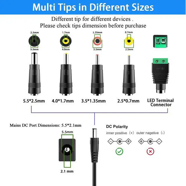 Alt view image 3 of 7 - 24V 1.5A Power Supply, DC 24V Power Cord, fit for DC24V LED Light Strip, 24 Volt Diffuser, 100-240V 50/60hz 24Volt 1.5A 1.2A 1A 0.5A 36W 24W Adapter with 5 Tips, (Not Battery Charger).