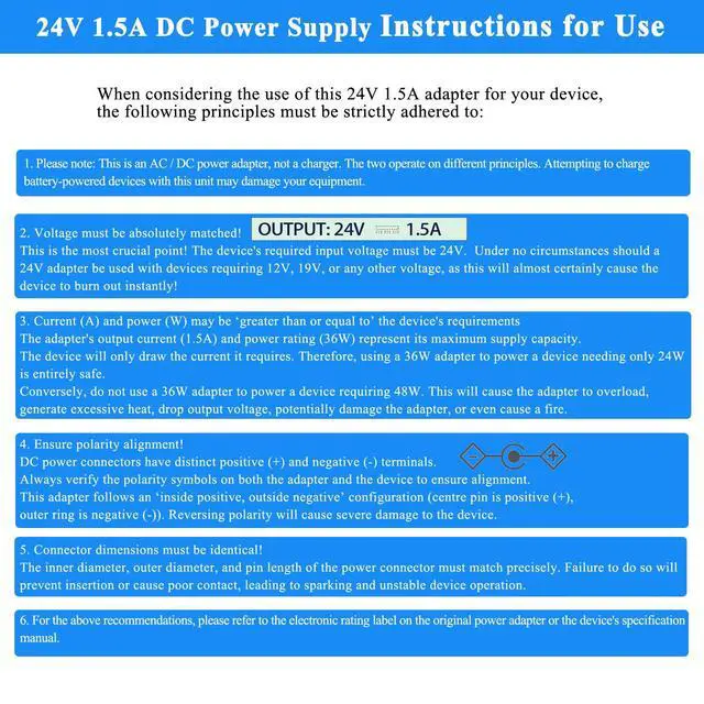 Alt view image 5 of 7 - 24V 1.5A Power Supply, DC 24V Power Cord, fit for DC24V LED Light Strip, 24 Volt Diffuser, 100-240V 50/60hz 24Volt 1.5A 1.2A 1A 0.5A 36W 24W Adapter with 5 Tips, (Not Battery Charger).