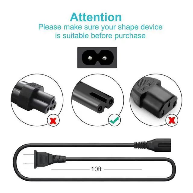 Alt view image 3 of 4 - 10Ft 2 Prong Power Cord Plug for Sony SRS-XP500 SRS-XP700 SRS-RA3000 XB72 GTK-XB60 XB90 XB5 XB7 MHC-V13 V71 Speaker, Samsung 24 32 40 43 48 49 50 55 60 65 75 inch TV Replacement Charger Charging Cable