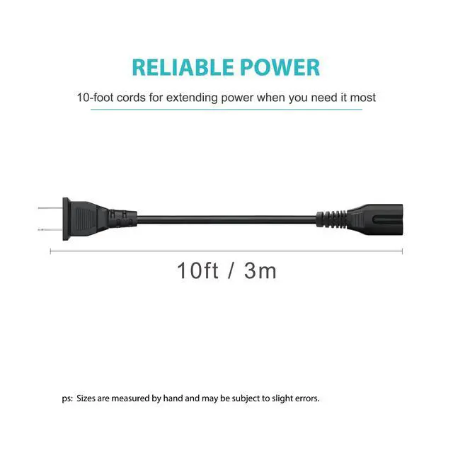 Alt view image 4 of 4 - 10Ft 2 Prong Power Cord Plug for Sony SRS-XP500 SRS-XP700 SRS-RA3000 XB72 GTK-XB60 XB90 XB5 XB7 MHC-V13 V71 Speaker, Samsung 24 32 40 43 48 49 50 55 60 65 75 inch TV Replacement Charger Charging Cable
