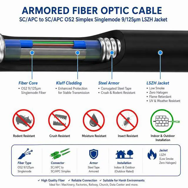 Alt view image 2 of 7 - 5m/16.4ft Armored Fiber Optic Cable for Outdoor and Indoor SCA to SCA Simplex Singlemode, Compatible with FTTH Cables, 5 Meters