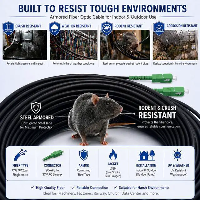 Alt view image 5 of 7 - 5m/16.4ft Armored Fiber Optic Cable for Outdoor and Indoor SCA to SCA Simplex Singlemode, Compatible with FTTH Cables, 5 Meters