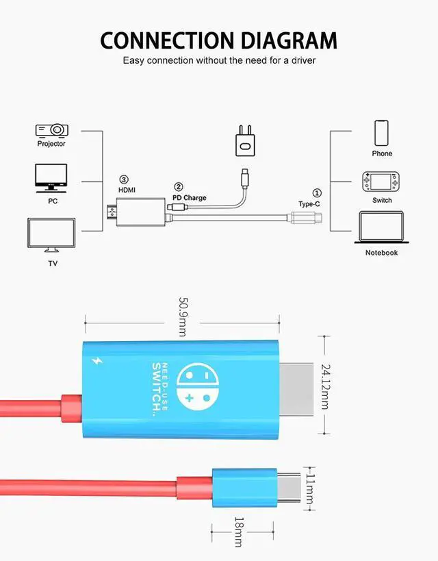 Alt view image 7 of 7 - USB C to HDMI Cable 2 in 1 Steam Deck Adapter 4K 60Hz HDMI 100W Charging Port, Monitor TV Connector Cable USB C Dock for Steam Deck OLED/ROG Xbox Ally/iPad/Samsung Galaxy Dex/Tablet/iPhone 17 6.6TF