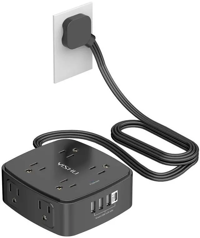 Main image of 6 Ft Surge Protector Power Strip - YISHU 8 Widely Outlets with 4 USB Ports, 3 Side Outlet Extender with 6 Feet Flat Extension Cord, Ultra Flat Plug, Wall Mount, Desk USB Charging Station, ETL, Black