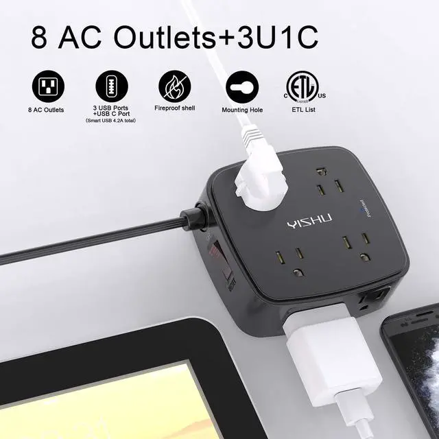Alt view image 2 of 7 - 6 Ft Surge Protector Power Strip - YISHU 8 Widely Outlets with 4 USB Ports, 3 Side Outlet Extender with 6 Feet Flat Extension Cord, Ultra Flat Plug, Wall Mount, Desk USB Charging Station, ETL, Black