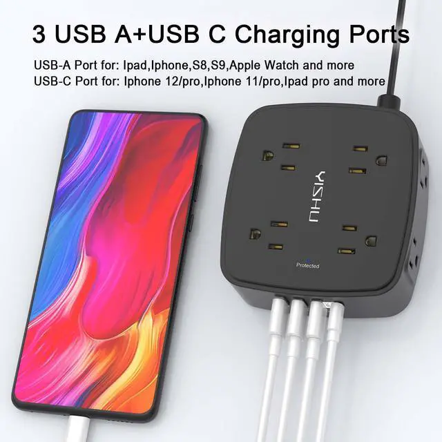 Alt view image 3 of 7 - 6 Ft Surge Protector Power Strip - YISHU 8 Widely Outlets with 4 USB Ports, 3 Side Outlet Extender with 6 Feet Flat Extension Cord, Ultra Flat Plug, Wall Mount, Desk USB Charging Station, ETL, Black