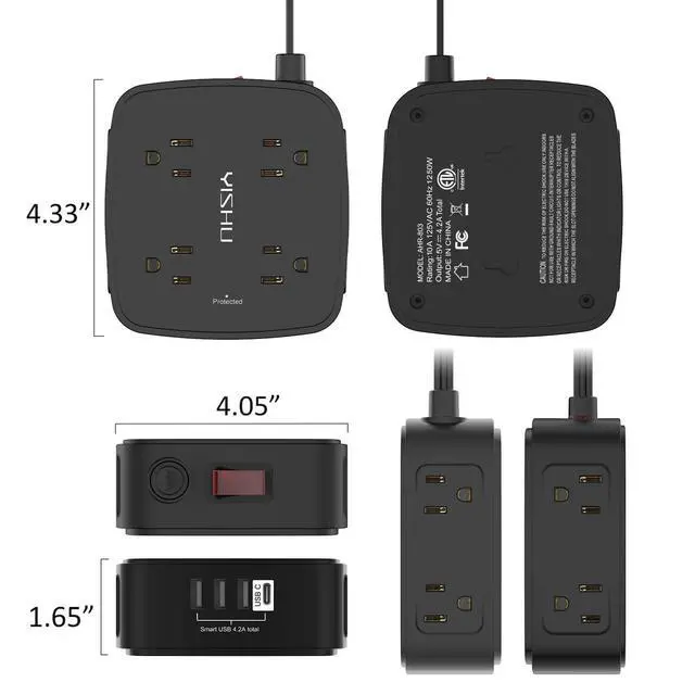 Alt view image 7 of 7 - 6 Ft Surge Protector Power Strip - YISHU 8 Widely Outlets with 4 USB Ports, 3 Side Outlet Extender with 6 Feet Flat Extension Cord, Ultra Flat Plug, Wall Mount, Desk USB Charging Station, ETL, Black