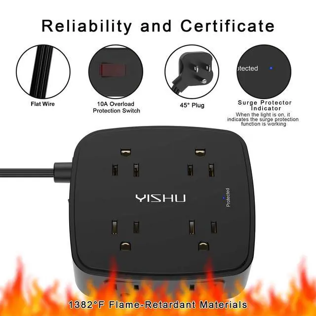 Alt view image 6 of 7 - 6 Ft Surge Protector Power Strip - YISHU 8 Widely Outlets with 4 USB Ports, 3 Side Outlet Extender with 6 Feet Flat Extension Cord, Ultra Flat Plug, Wall Mount, Desk USB Charging Station, ETL, Black