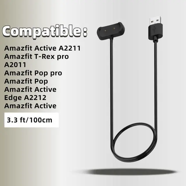 Alt view image 2 of 6 - Charger for Amazfit Active A2211/T-Rex pro A2011/Pop pro/Pop,Compatible with Amazfit Active Edge A2212/Active,USB A Charging Cable Dock Cord 3.3ft/1M