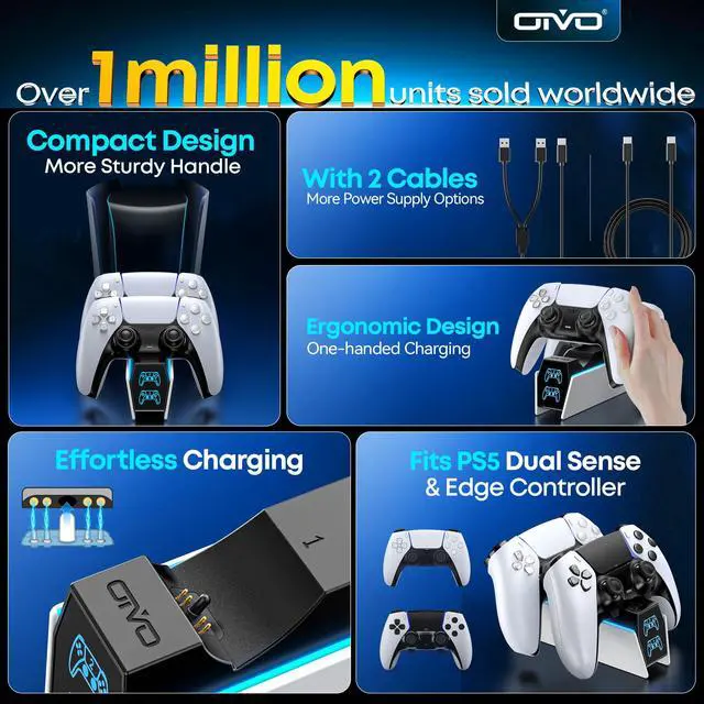 Alt view image 3 of 7 - PS5 Controller Charger with 2 Cable Types 2H Fast Charge Station P4 Charger
