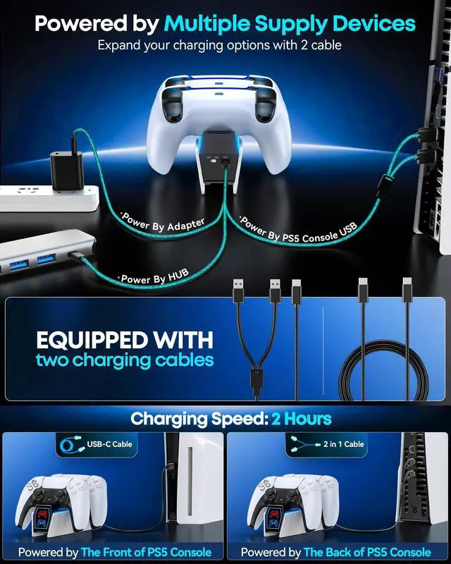 Alt view image 4 of 7 - PS5 Controller Charger with 2 Cable Types 2H Fast Charge Station P4 Charger