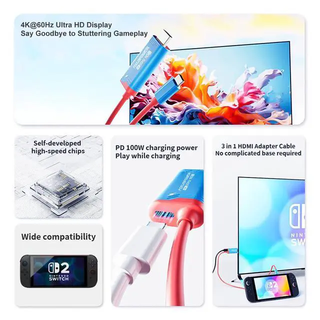 Alt view image 4 of 7 - Switch 2 Portable Dock Cable, USB C to HDMI Adapter Cable with PD 100W Charging, 4K@60Hz TV Dock for Switch OLED, Steam Deck, ROG Ally, Travel Mini Dock