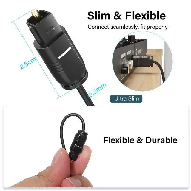 Alt view image 2 of 6 - Ultra-Thin Slim Digital Optical Audio Cable 20FT, Fiber Optic SPDIF Toslink Cord Gold-Plated High-Speed Flexible & Durable for TV Soundbar Home Theater Game Console PS4 Xbox Samsung +Ties