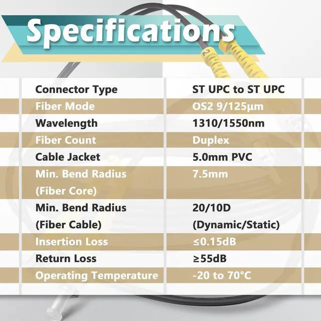 Alt view image 6 of 6 - 6ft / 2m Armored OD-5mm OS2 ST to ST Single Mode Fiber Cable, ST-ST Fiber Optic Patch Cord, Duplex 9/125um SMF Optical Jumper, Black