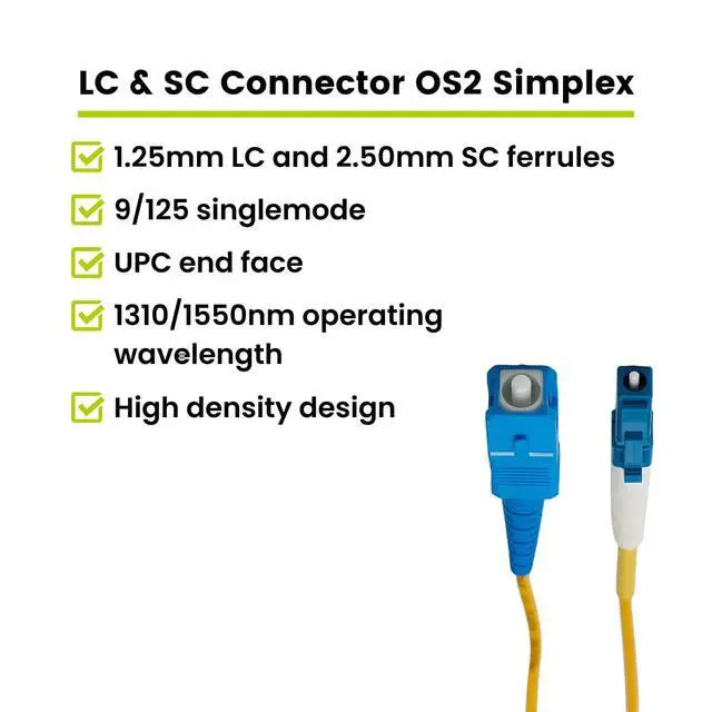 Alt view image 2 of 7 - LC to SC OS2 Fiber Patch Cable, 10m (32.80ft), UPC Polish, 200GB Singlemode (SM) Simplex 9/125um, Riser Rated (OFNR), UL Listed, 1pc, Yellow