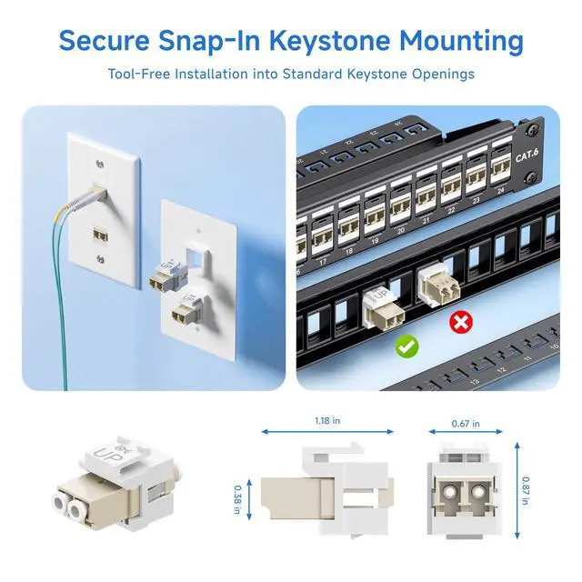 Alt view image 5 of 7 - 5-Pack LC UPC Duplex Fiber Optic Keystone Coupler Jack, OM1/OM2/OM3/OM4 Multimode, OS2 Single Mode Support