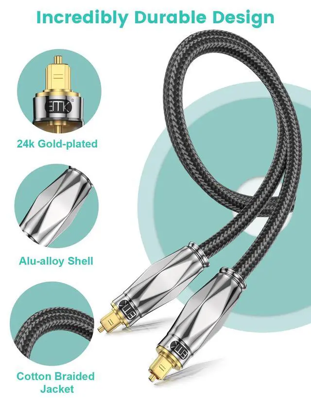 Alt view image 4 of 7 - Digital Optical Audio Cable (24K Gold Plated Connectors,Aluminum Alloy Shell,Braided Jacket) S/PDIF Toslink Optical Cable Fiber Optic Cable for Home Theater,Soundbars,Gaming Consoles (3Ft/1M)
