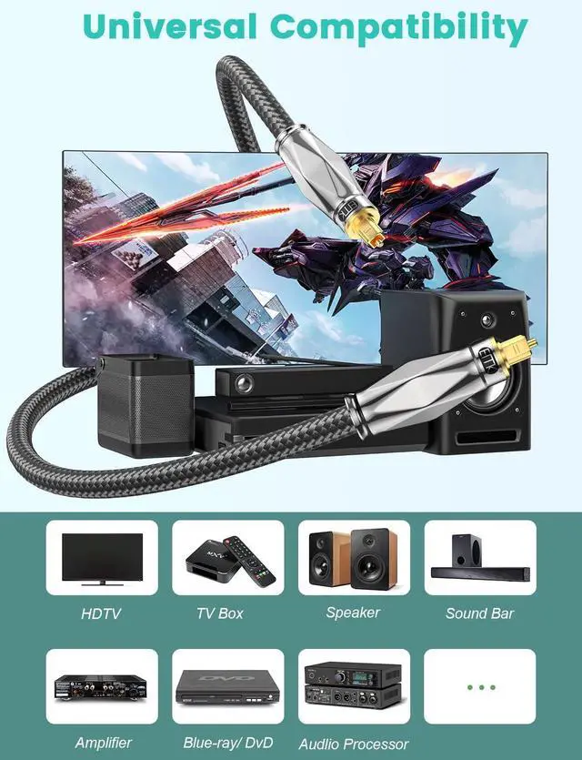 Alt view image 6 of 7 - Digital Optical Audio Cable (24K Gold Plated Connectors,Aluminum Alloy Shell,Braided Jacket) S/PDIF Toslink Optical Cable Fiber Optic Cable for Home Theater,Soundbars,Gaming Consoles (3Ft/1M)