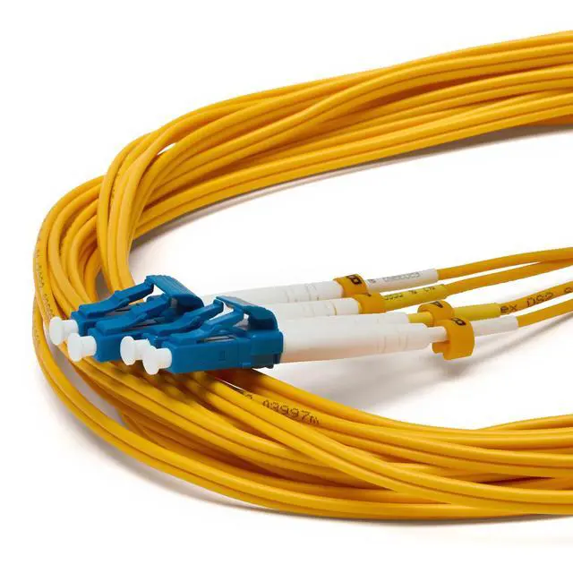 Main image of LC to LC OS2 Fiber Patch Cable, 5m (16.40ft), UPC Polish, 200GB Singlemode (SM) Duplex 9/125um, Riser Rated (OFNR) UL Listed, 1pc, Yellow